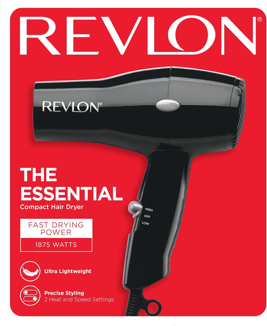 Revlon Compact Hair Dryer | 1875W Lightweight Design, Perfect for Travel, (Black)